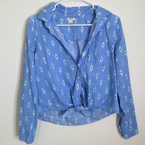 J. Crew Blue Peri Ikat Tie Front Cotton Blouse Size S
